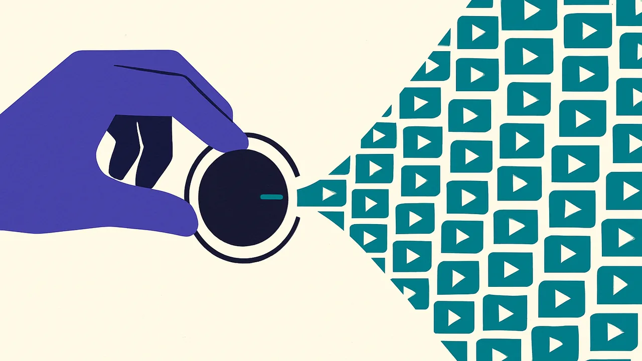 a single dial at the center pulling a river of tiny video thumbnails into a focused stream