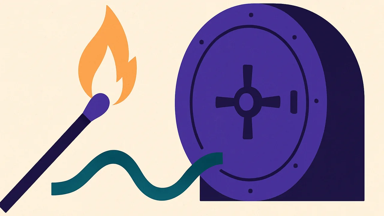 a single match igniting a long fuse that runs toward a large vault