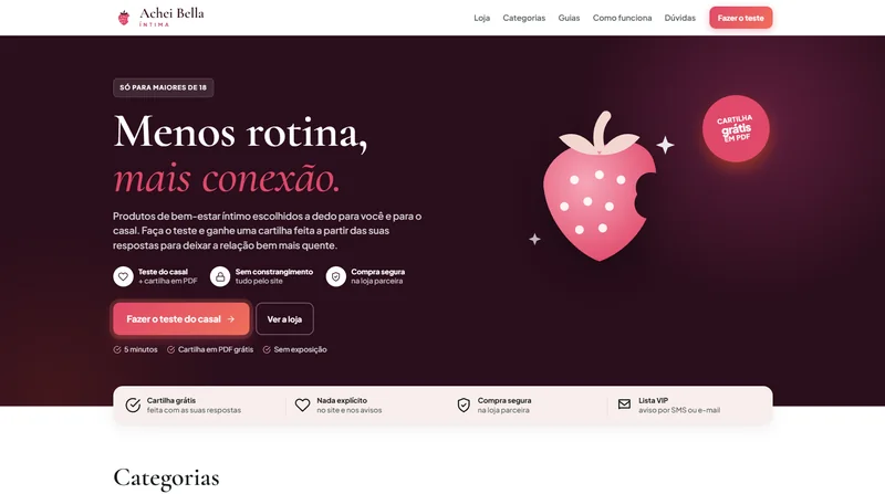 Home do Achei Bella Íntima com o teste do casal em destaque