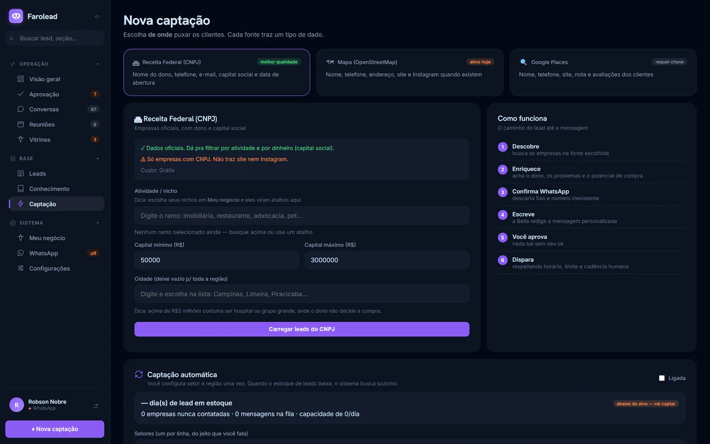 Tela de capta&ccedil;&atilde;o do Farolead com as fontes Receita Federal, Mapa e Google Places