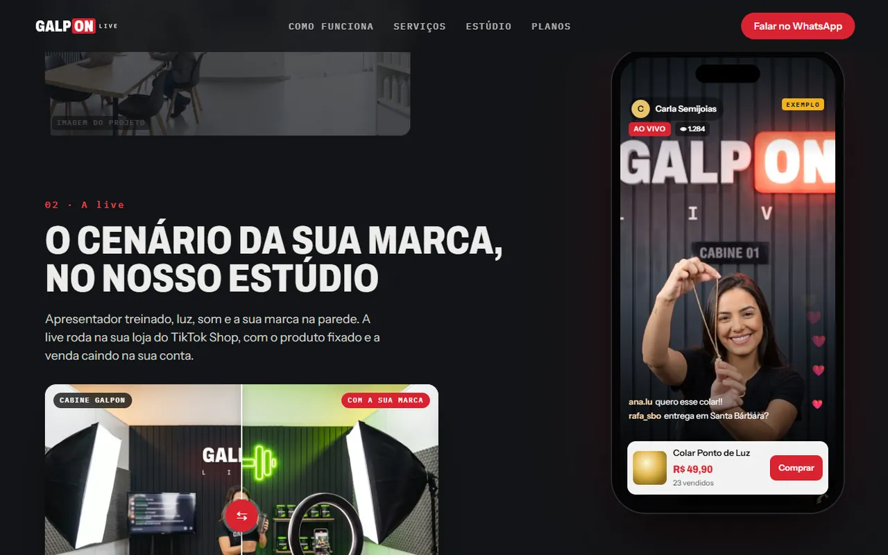 Seção do site que mostra a live no celular, com exemplo de produto fixado e botão de compra