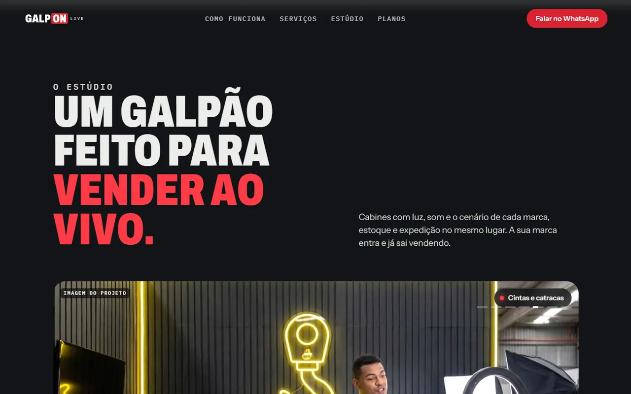 Seção O estúdio do site: um galpão feito para vender ao vivo
